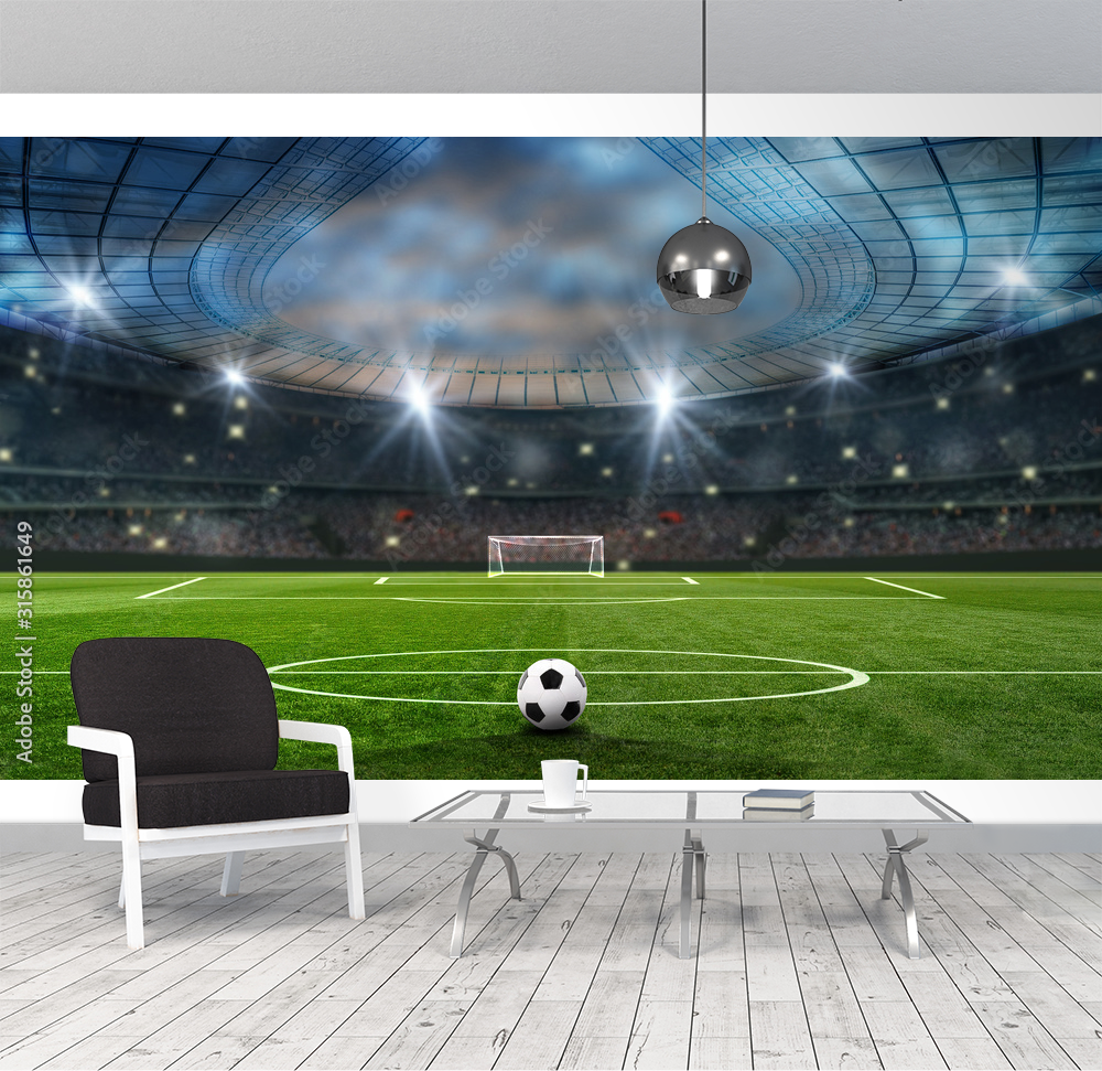 ball on the green field in soccer stadium ready for game in the midfield